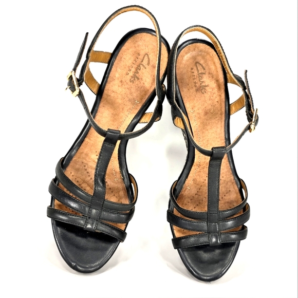 Clarks Artison NEW!! Amelia Avery, Black Leather, Wedge Sandal. Women's 9.5M - Picture 5 of 12